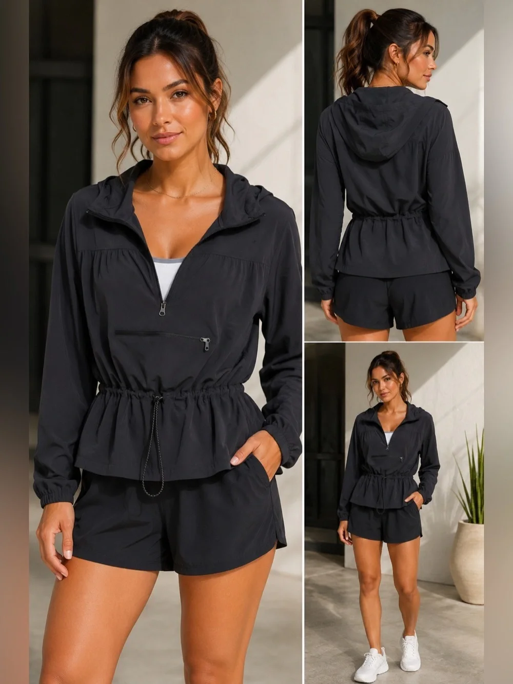 Zella Black Hooded Pullover Windbreaker Jacket Women’s Medium Cinch Waist